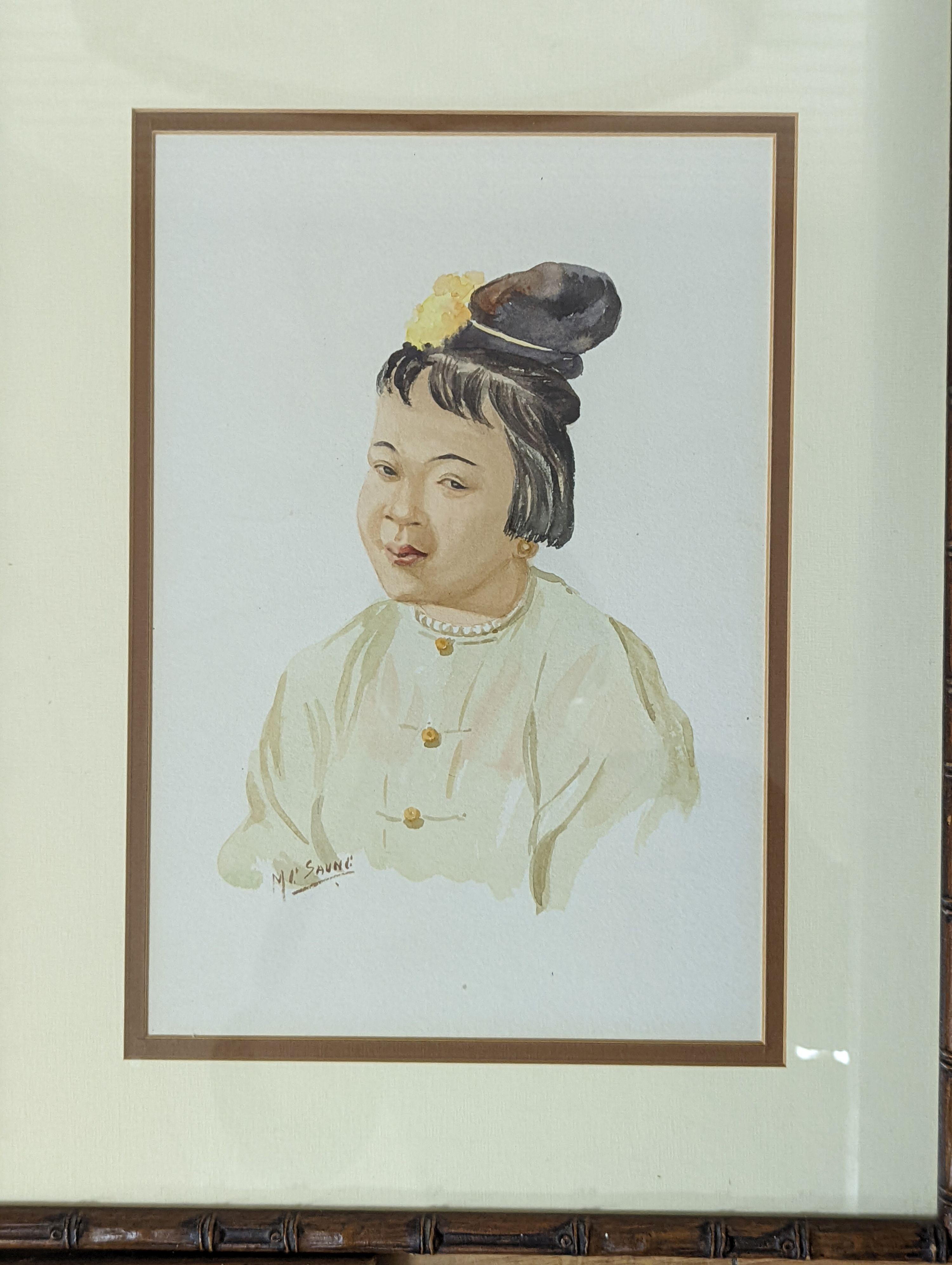 Maung Soya Saung, three watercolours, Portraits of Burmese figures, signed, 28 x 19cm